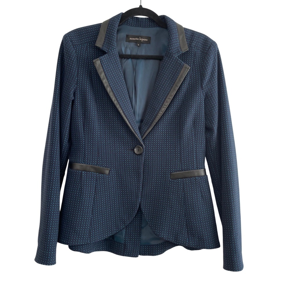 Nanette Lepore Navy Teal‎ Micro Dot Leather Trim Blazer Jacket 6 USA